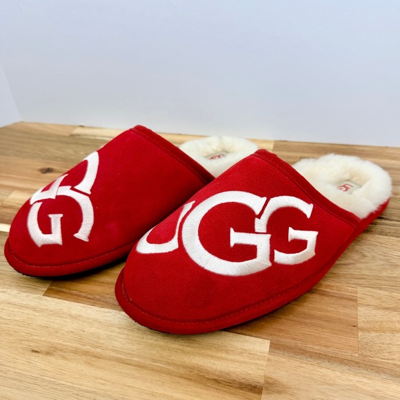 UGG Scuff‎ Logo Red Suede Shearling Lined Slippers Men's Size 8